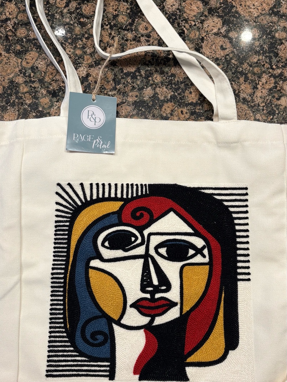 Page & Pearl White Canvas Tote with Colorful Abstract Face Design NWT